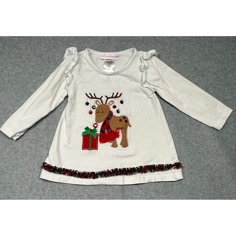 Bonnie Baby Girls Ivory Reindeer Christmas Tunic Top Ruffle 18M X5-13029-PL‎
